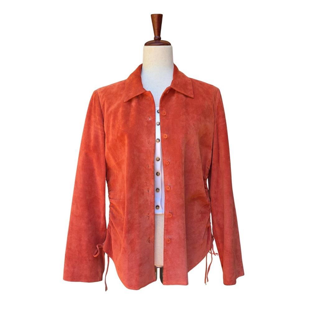 Vintage‎ Suede Jacket Size L Rust Orange Ruched Sides 90s Button Retro Boho